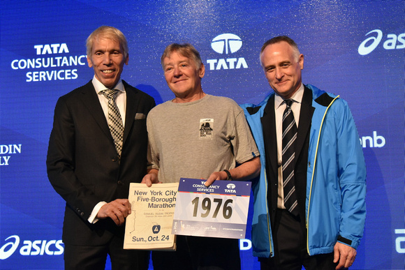 NYRR President and CEO Michael Capiraso and NYRR President of Events and Race Director of the TCS New York City Marathon Peter Ciaccia welcome 1976 New York City Marathon finisher and 2016 TCS New Yor